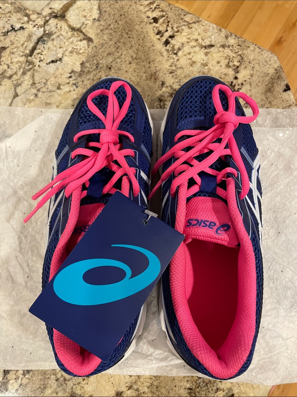 NWT ASICS Women’s or Kids Navy Sneakers with Bright Pink Accents